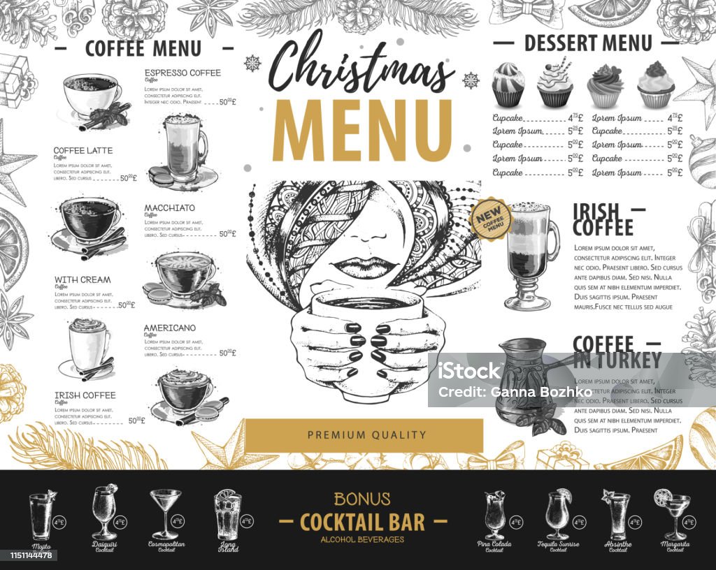 Hand drawing Christmas holiday menu design. Restaurant menu Alcohol - Drink stock vector