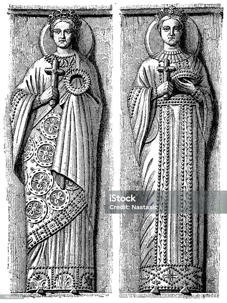 Lombard princesses in Byzantine costume of the 8th century. Statues in the monastery chapel of Tividale near Friuli. After Gailhabaud Illustration of a Lombard princesses in Byzantine costume of the 8th century. Statues in the monastery chapel of Tividale near Friuli. After Gailhabaud Byzantine stock illustration