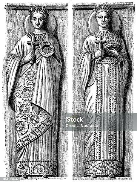 Lombard Princesses In Byzantine Costume Of The 8th Century Statues In The Monastery Chapel Of Tividale Near Friuli After Gailhabaud Stock Illustration - Download Image Now