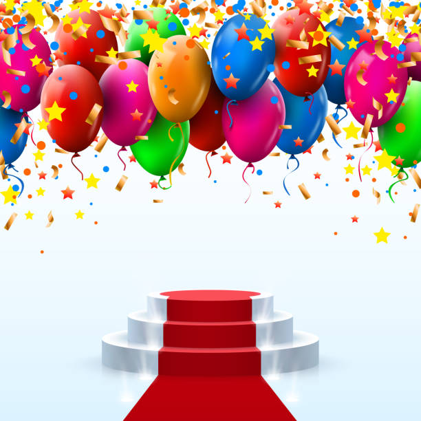 istock Stage podium with lighting and Balloons, Stage Podium Scene with for Award Ceremony on blue Background, Vector illustration 1151145480
