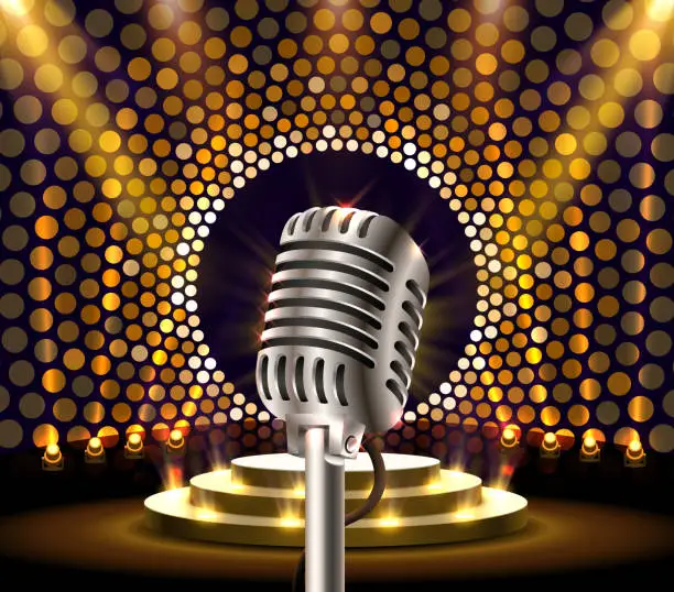 Vector illustration of The musical show, microphone on the golden scene.