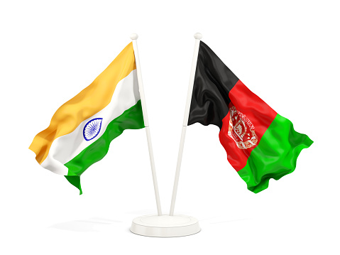 Two waving flags of India and afghanistan isolated on white. 3D illustration
