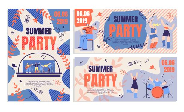 ilustraciones, imágenes clip art, dibujos animados e iconos de stock de invitación flyer verano fiesta bandera de la orden - music festival