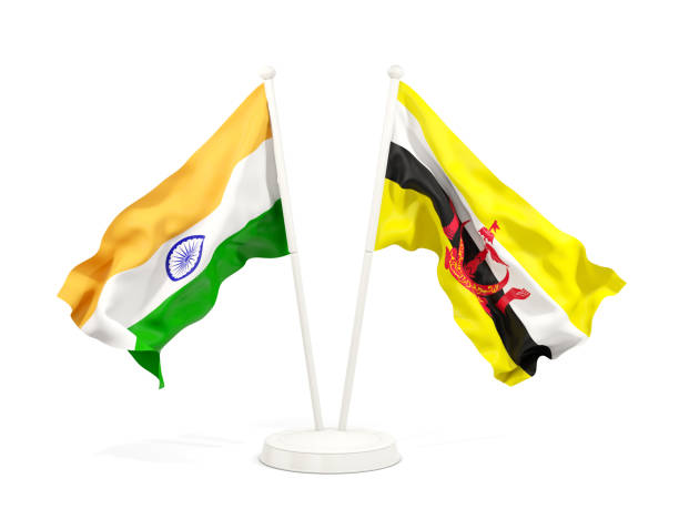 istock Two waving flags of India and brunei isolated on white 1151145889
