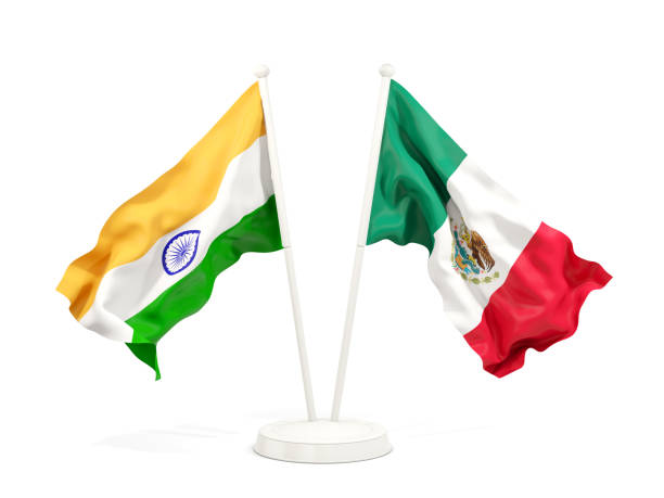 istock Two waving flags of India and mexico isolated on white 1151145930