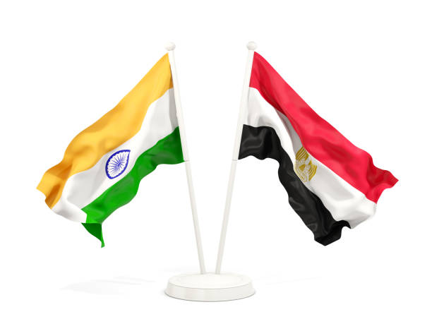 istock Two waving flags of India and egypt isolated on white 1151146168