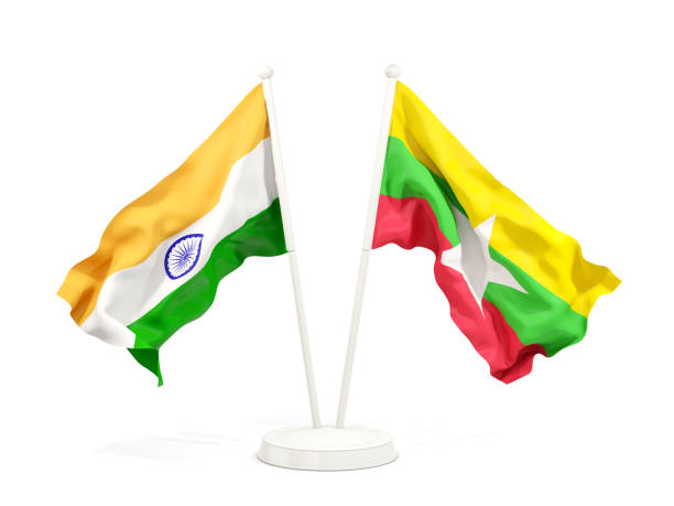 istock Two waving flags of India and myanmar isolated on white 1151147308