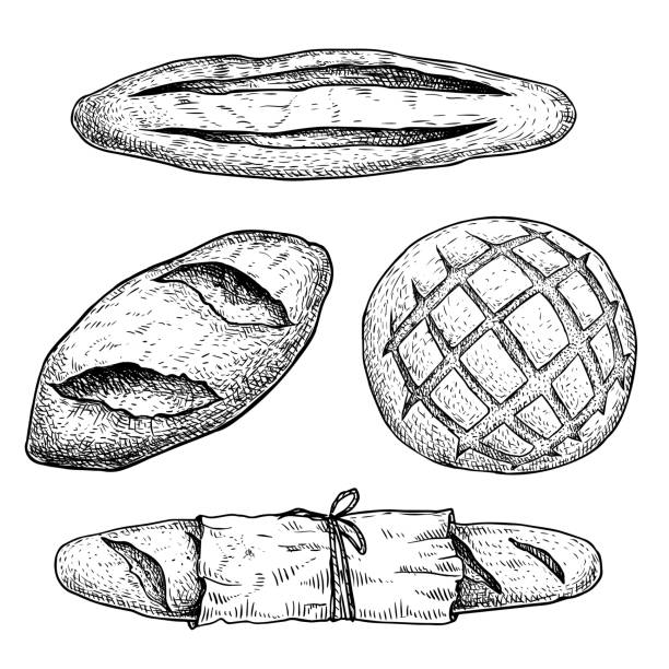 Fresh baked bread set. French baguette, loaf buns, bun with paper package. Top view. Hand drawn sketch style illustrations for bakery shop and package. Isolated on white background. Fresh baked bread set. French baguette, loaf buns, bun with paper package. Top view. Hand drawn sketch style illustrations for bakery shop and package. Isolated on white background. EPS10 + JPEG preview. bun bread stock illustrations