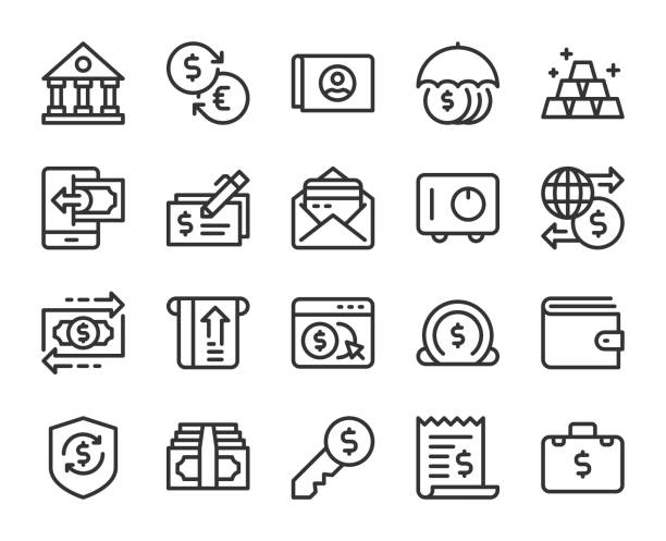 은행 및 회계-라인 아이콘 - money bag symbol check banking stock illustrations