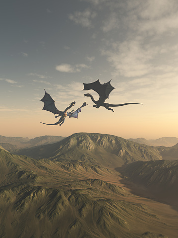 Fantasy illustration of two friendly dragon companions flying together over a mountain landscape, 3d digitally rendered illustration