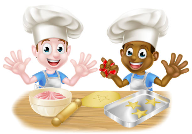 Cartoon Boys Cooking Two little boys, one black one white, dressed as chefs or bakers baking cakes and cookies boys bowl haircut stock illustrations