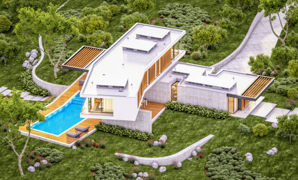 istock 3d rendering of modern house on the hill with pool in evening 1151152114