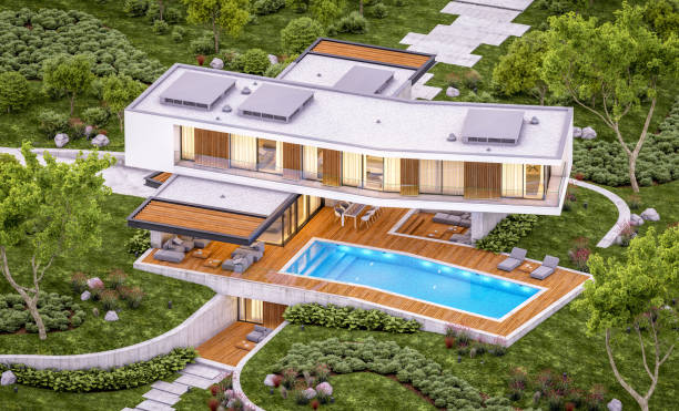 istock 3d rendering of modern house on the hill with pool in evening 1151152119