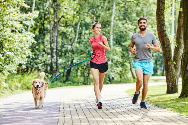 Happy couple running with dog in park Happy couple running with dog in park dog running stock pictures, royalty-free photos & images
