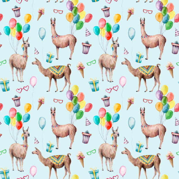 ilustrações de stock, clip art, desenhos animados e ícones de watercolor seamless pattern with llamas and air balloons. hand drawn illustration with gift box, sunglasses and ice cream isolated on blue background. for holiday, design, print, fabric or background. - gift box packaging drawing illustration and painting