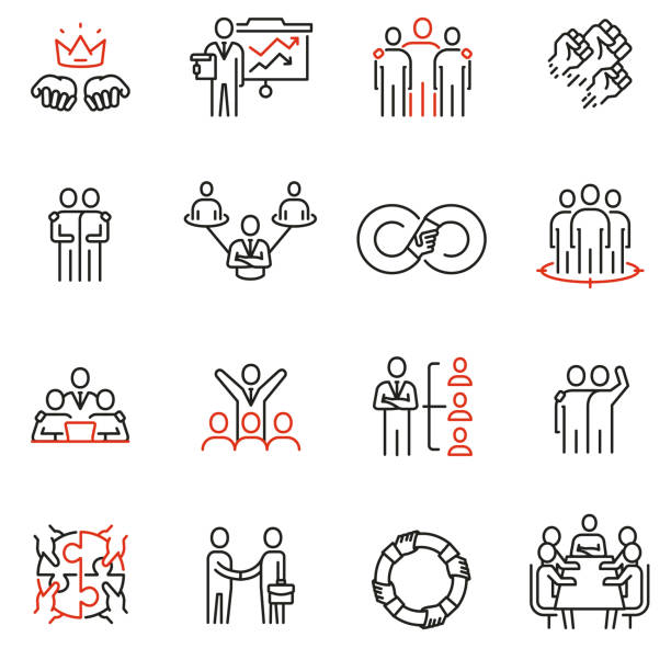 ilustrações de stock, clip art, desenhos animados e ícones de vector set of 16 linear quality icons related to team work, human resources, business interaction. mono line pictograms and infographics design elements - part 3 - coherence