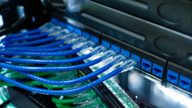 cable de red conectado en el panel de parches del conmutador gigabit de red para la red de alta velocidad en la sala de servidores de datos - cat5 rj45 cable network connection plug fotografías e imágenes de stock