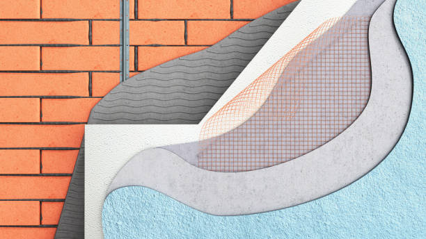 istock Layered brick wall thermal insulation concept 3d render as background 1151157102