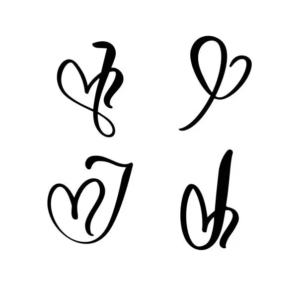 Vector illustration of Vector Set of Vintage floral letter monogram I. Calligraphy element Valentine flourish. Hand drawn heart sign for page decoration and design illustration. Love wedding card for invitation