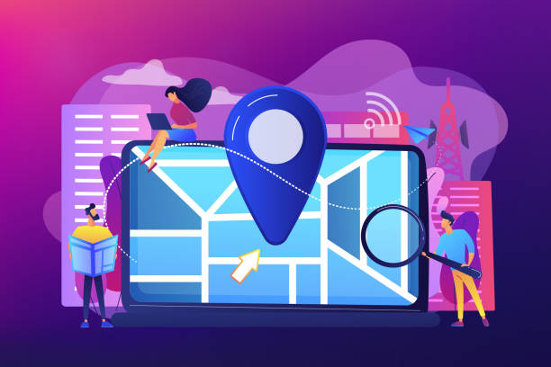 Local search optimization concept vector illustration Digital GPS application for smartphones. Geotag sign on city map. Local search optimization, search engine targeting, local SEO strategy concept. Bright vibrant violet vector isolated illustration SEO stock illustrations