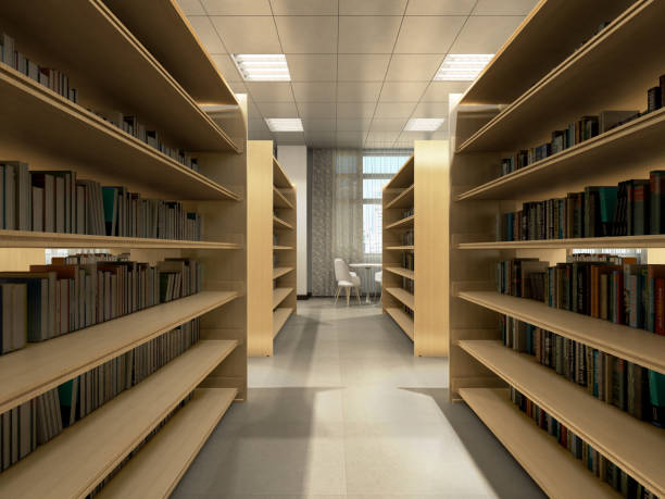 istock Library room bookshelves tables with chairs light library room 3d render 1151157902