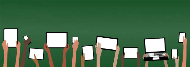 BYOD Bring Your own Device School Banner with Computers Blackboard BYOD Banner Concept Bring Your own Device children hands holding computer tablet and smartphone devices by Green Chalkboard with copy space EPS10 Grouped Objects person drawing on tablet stock illustrations