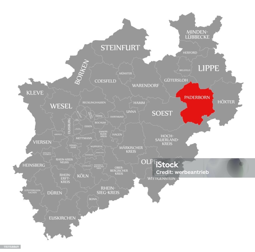 Paderborn red highlighted in map of North Rhine Westphalia DE Borough - District Type stock illustration