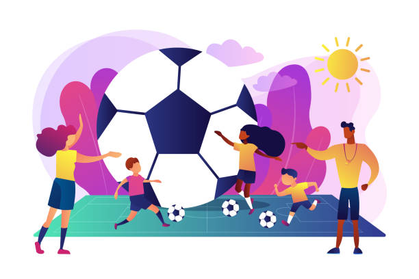 illustrazioni stock, clip art, cartoni animati e icone di tendenza di illustrazione vettoriale del concetto di campo di calcio. - bambini calcio