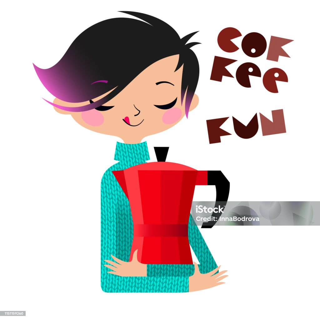 Coffee Fun Cute Person embraces a Coffee Pot Coffee Cup stock vector