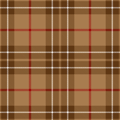 Beige, brown, white and red Scottish tartan plaid seamless textile pattern background.