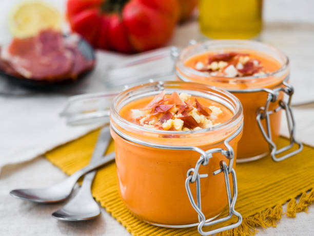 fresh tomato soup. salmorejo. - serrano chilli pepper meat ham spain imagens e fotografias de stock