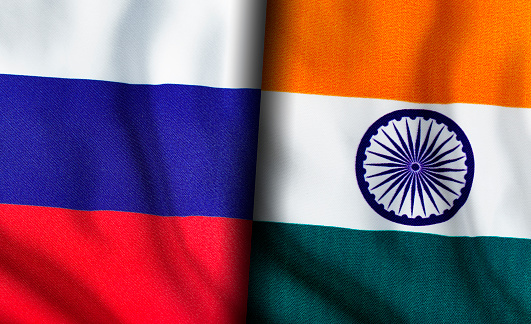 Russian and Indian flags standing side by side