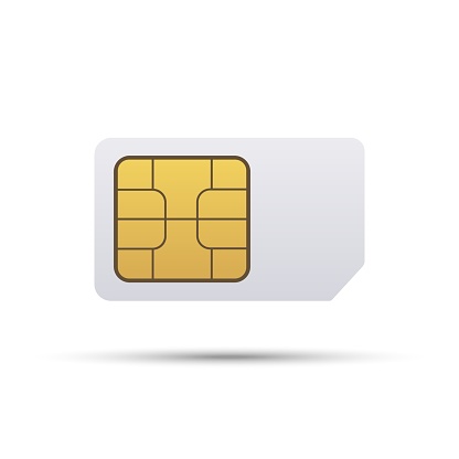Simcard. Smart cell wireless telecommunications micro gsm chip, electronics and telecommunication microchip design on white