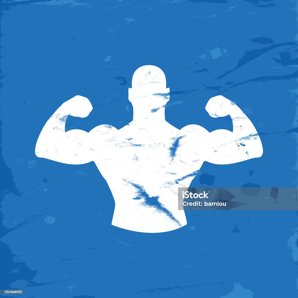 Icon of Strong Man with Arms Up on Blue Grunge Background Vector of Icon of Strong Man with Arms Up on Blue Grunge Background Abstract stock vector