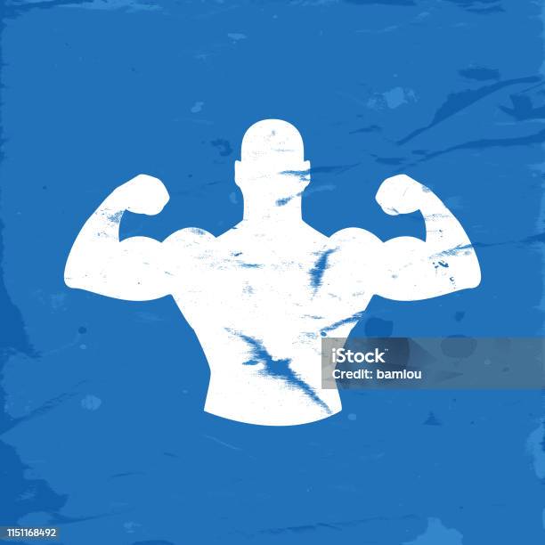 Icon Of Strong Man With Arms Up On Blue Grunge Background Stock Illustration - Download Image Now