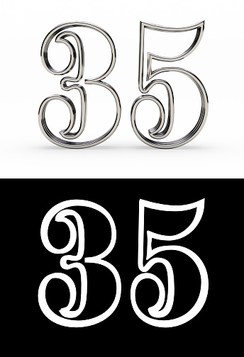 Silver number thirty-five years (number 35 years) with shadow, front view, with alpha channel. 3D illustration