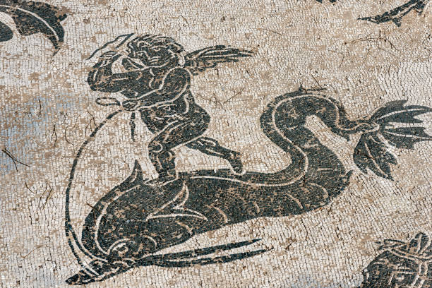 Detail of a Mosaic floor in Ostia Antica - Rome Italy Detail of a Mosaic floor, ancient Roman thermal baths of Neptune in Ostia Antica, colony founded in the 7th century BC. near Rome, UNESCO world heritage site. Latium, Italy, Europe roman baths stock pictures, royalty-free photos & images
