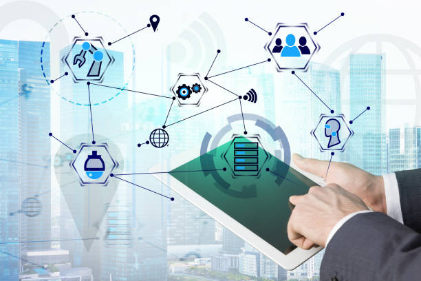 Businessman hand on tablet, GUI in city Businessman hands using tablet computer in city with double exposure of graphic user interface icons. Concept of hi tech in business. Double exposure data entry outsourcing stock pictures, royalty-free photos & images