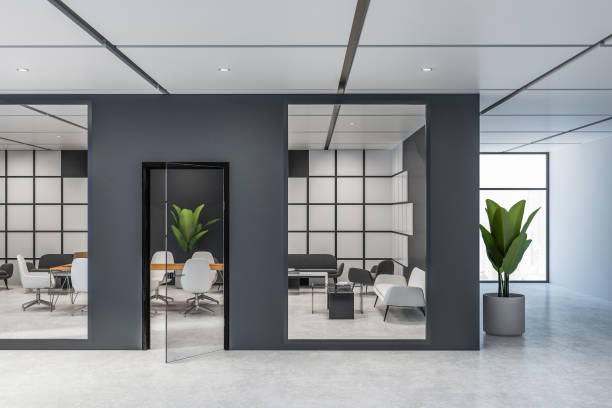 istock Black and white meeting room interior 1151177100