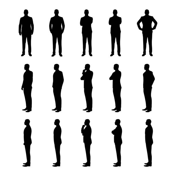 Businessman set of vector silhouettes. Man in suit in various poses from three different angles Businessman set of vector silhouettes. Man in suit in various poses from three different angles cut out stock illustrations