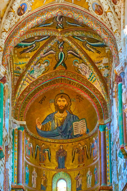 Mosaics in Cefalu Cathedral Ancient mosaics (XII century) in The Cathedral of Cefalu (Duomo di Cefalu), Italy cefalu stock pictures, royalty-free photos & images