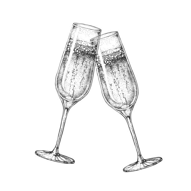 ilustrações de stock, clip art, desenhos animados e ícones de vector illustration of hand drawing two clinking champagne glasses - ilustrações de champanhe