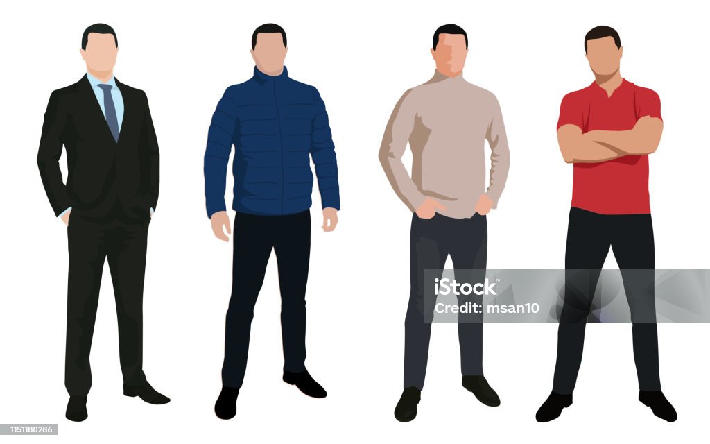 Set di uomo d'affari, personaggi vettoriali isolati in vari vestiti, illustrazioni di design piatto. Persone silhouette - arte vettoriale royalty-free di Uomini