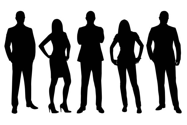 Business men and women vector silhouettes, standing people in formal dress Business men and women vector silhouettes, standing people in formal dress 'formal dress' stock illustrations