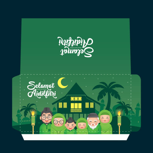 selamat hari raya aidilfitri zielony pakiet szablon projektu. (podpis: obchody dnia postu znany również jako eid al-fitr) - smiling human settlement traditional culture man made object stock illustrations