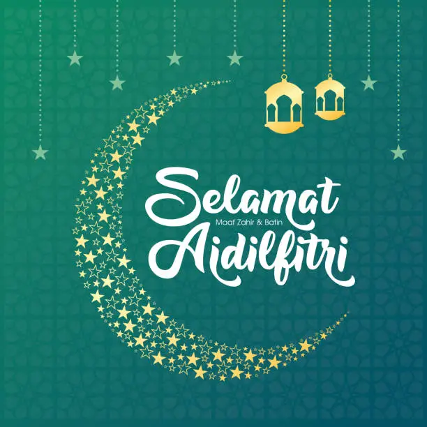 Vector illustration of Selamat Hari Raya Aidilfitri greeting card vector illustration. (Caption: Fasting Day celebration also known as Eid al-Fitr)
