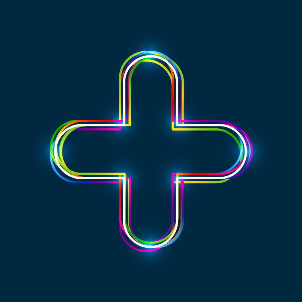 ilustraciones, imágenes clip art, dibujos animados e iconos de stock de colorido contorno de varias capas de un signo más con efecto de luz brillante sobre el fondo azul - computer icon healthcare and medicine symbol gradient