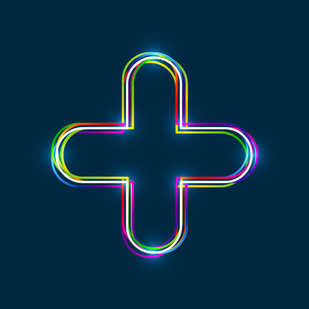 Colorful multi-layered outline of a plus sign with glowing light effect on blue background Colorful multi-layered outline of a plus sign with glowing light effect on blue background. Vector EPS 10 plus sign stock illustrations