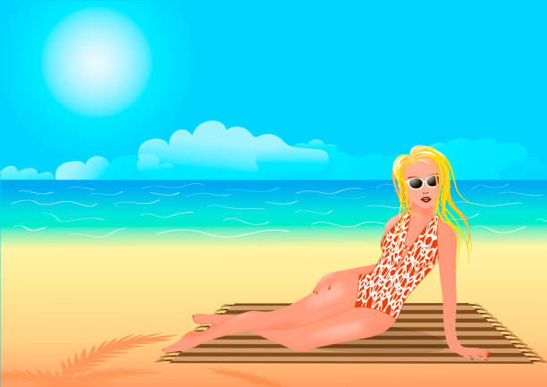 少女は、熱帯のビーチで sunbathes - blond hair cartoon women beach点のイラスト素材／クリップアート素材／マンガ素材／アイコン素材