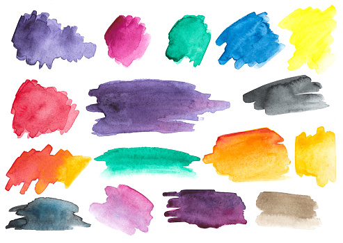 Many watercolor brush strokes. Different colors and shapes. Set. Gradients.